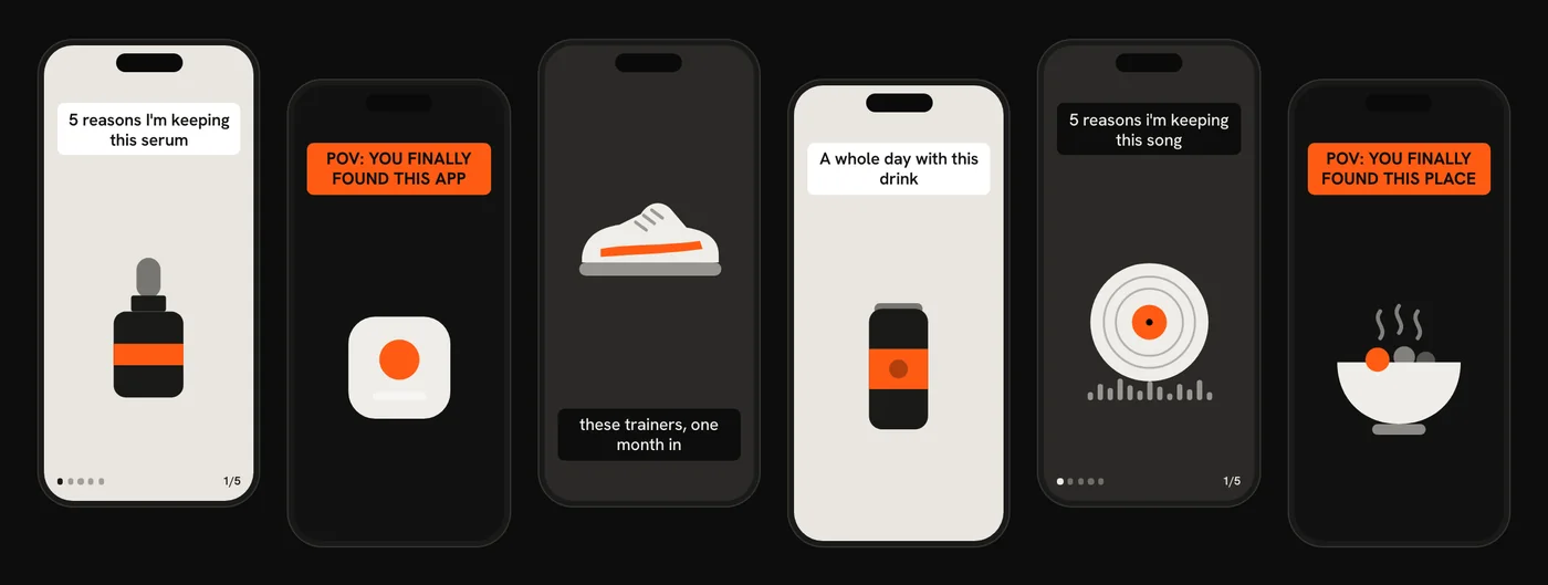 Phones from the Content OS page, each showing a sample post for a different product.