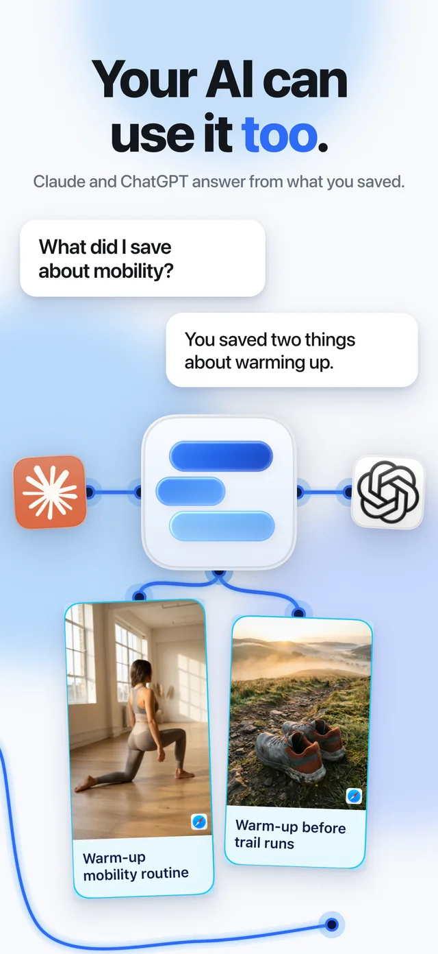 Your AI can use it too. Claude and ChatGPT answer a question about mobility from two saved warm-up videos.