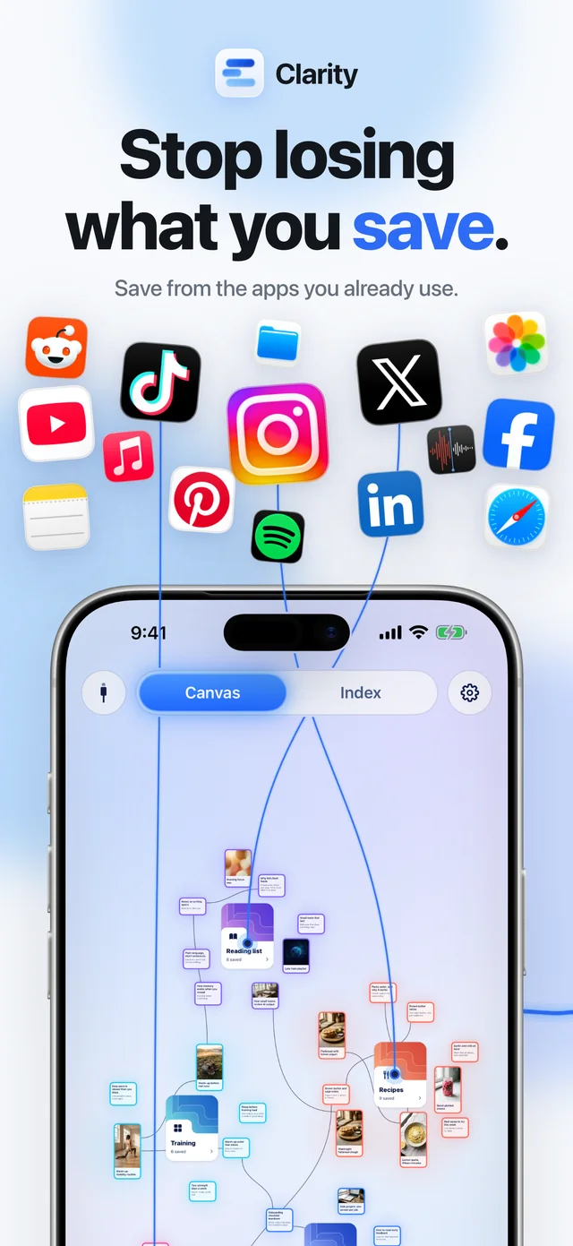 Stop losing what you save. Saves arriving from TikTok, Instagram, YouTube, X, Reddit and other apps, filed onto the Clarity canvas.