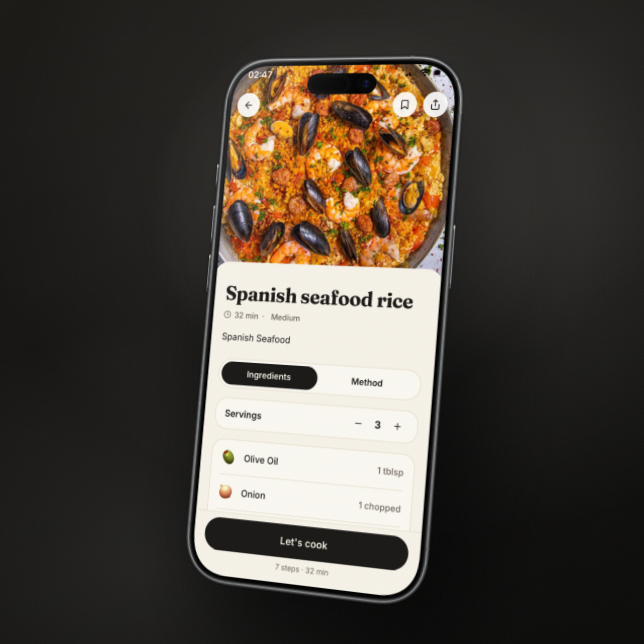 Munchr cooking app showing a Spanish seafood rice recipe on iPhone
