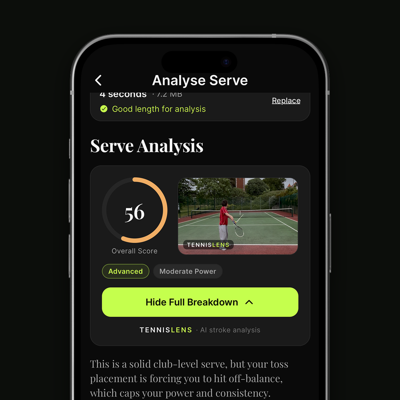 TennisLens app scoring a tennis serve on iPhone