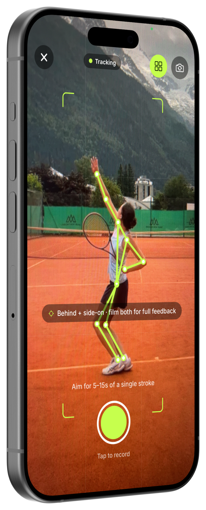 TennisLens recording screen tracking a tennis serve