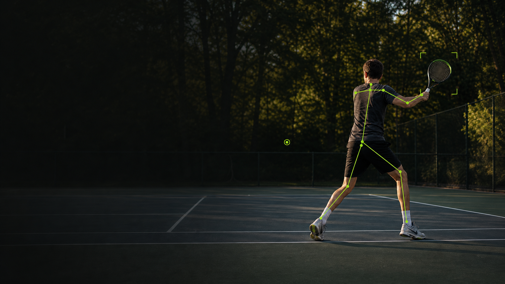 Tennis player hitting a forehand with pose tracking points